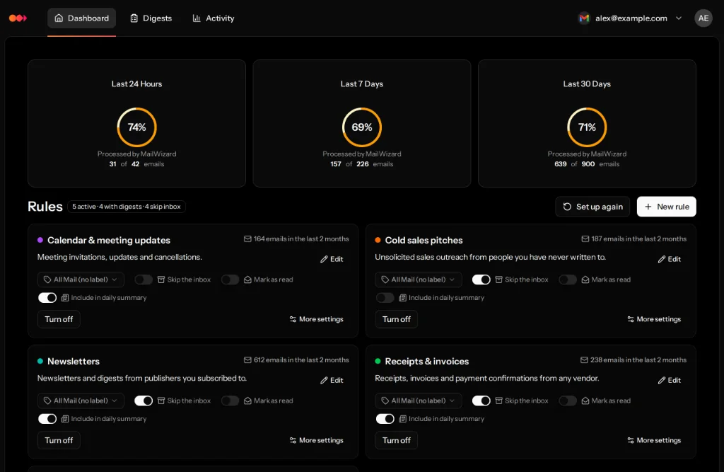 MailWizard home: rules with their email counts and one-click switches