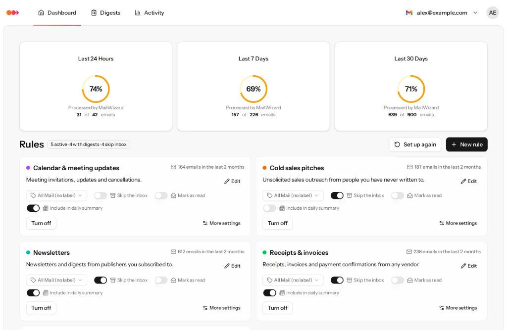 MailWizard home: rules with their email counts and one-click switches