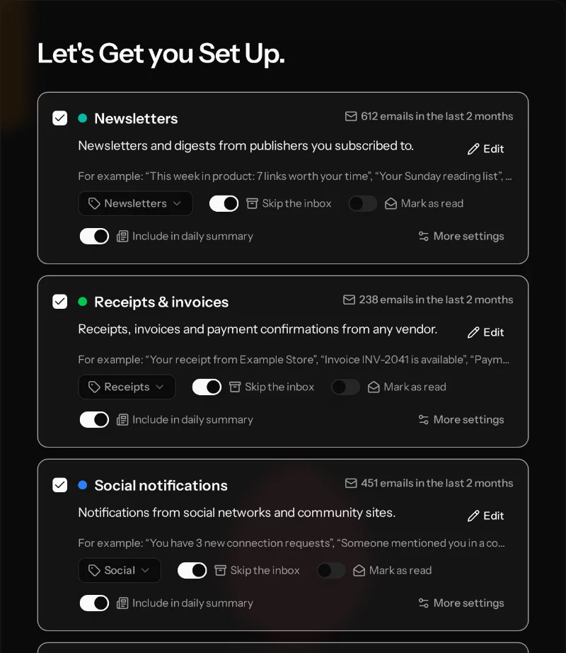 MailWizard setup: suggested rules, ready to approve