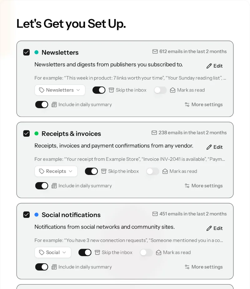 MailWizard setup: suggested rules, ready to approve